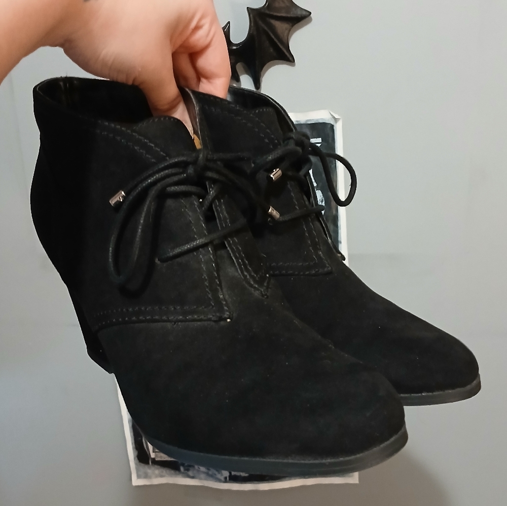 Fergie Black Suede Ankle Booties with Lace-Up Design